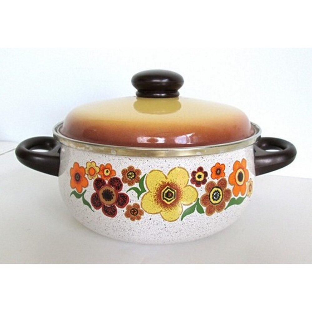 VINTAGE Retro70s Mod Crowning Touch Pot Mid Century Flower Power Enamel Cookware